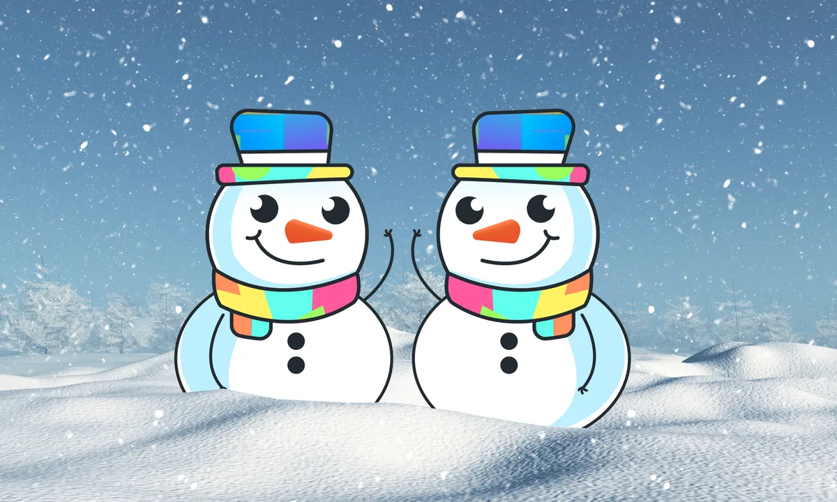 Two Snowman mascots in colourful hats and scarves waving in a snowy landscape